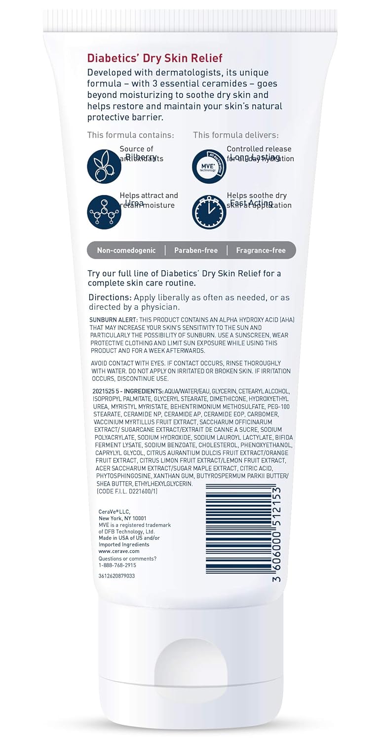 CeraVe Moisturizing Cream for Diabetics’ Dry Skin | 8 Ounce | Urea Cream with Bilberry for Cracked Skin | Fragrance & Paraben Free : Beauty