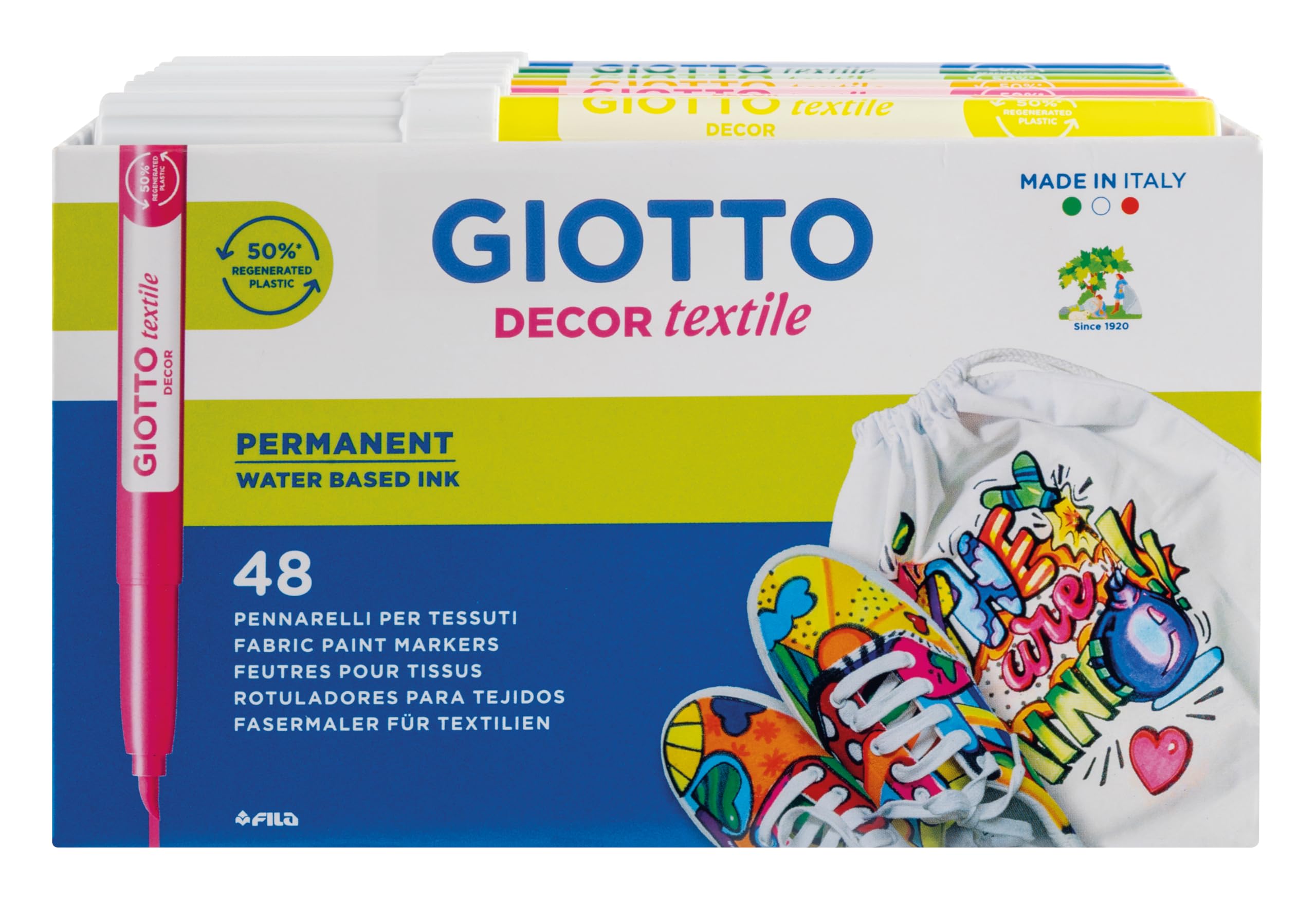 GIOTTO Decor Textile Fabric Paint Markers, Schoolpack, 48 x Assorted Colours, For Children, Parties and Schools
