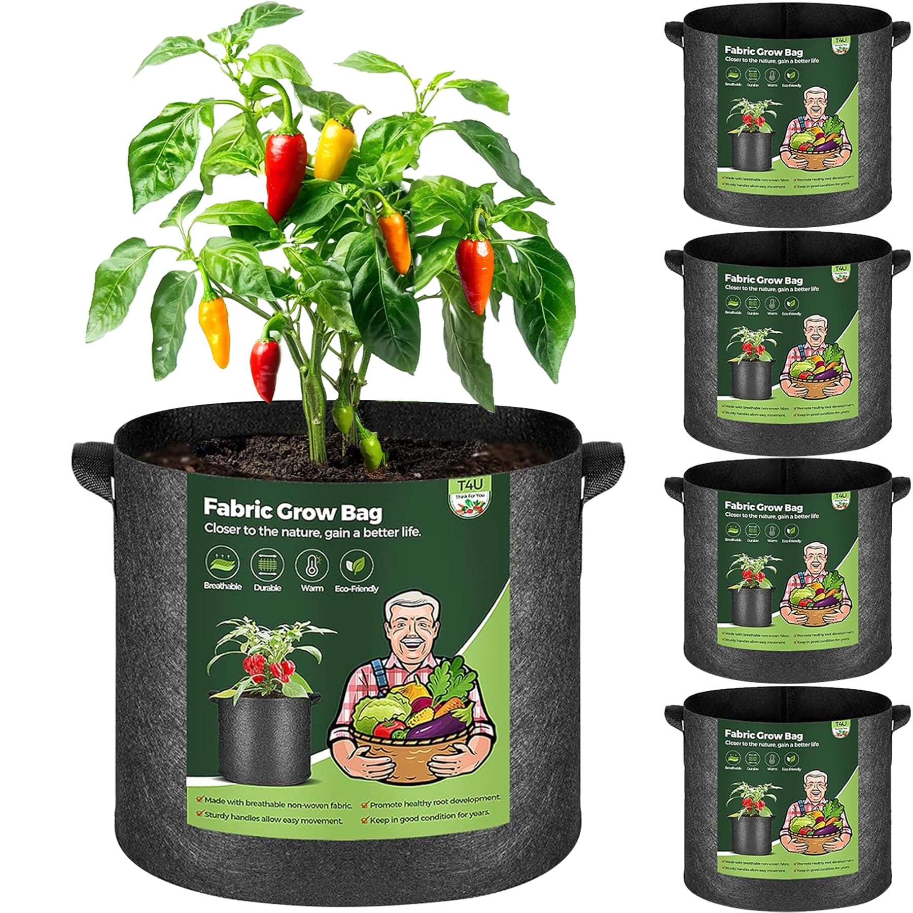 T4U 7 Gallon Plant Grow Bags with Handle Pack of 5, Fabric Pots Growing Bag, Heavy Duty Nonwoven Planter, Thickened Breathable Growbag Container for Potato Tomato Carrot Strawberry Vegetable Outdoor
