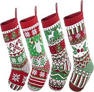 JOYIN 4 Pack 18” Christmas Stockings, Large Size Rustic Cable Knit Xmas Stocking in Red & Green, for Family Holiday Season Decorations