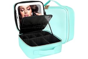 MOMIRA Makeup Bag with Mirror and Light Travel Makeup Train Case Cosmetic Bag Organizer Portable Artist Storage Bag with Adjustable Dividers Makeup Brushes Storage Organizer Aqua Blue