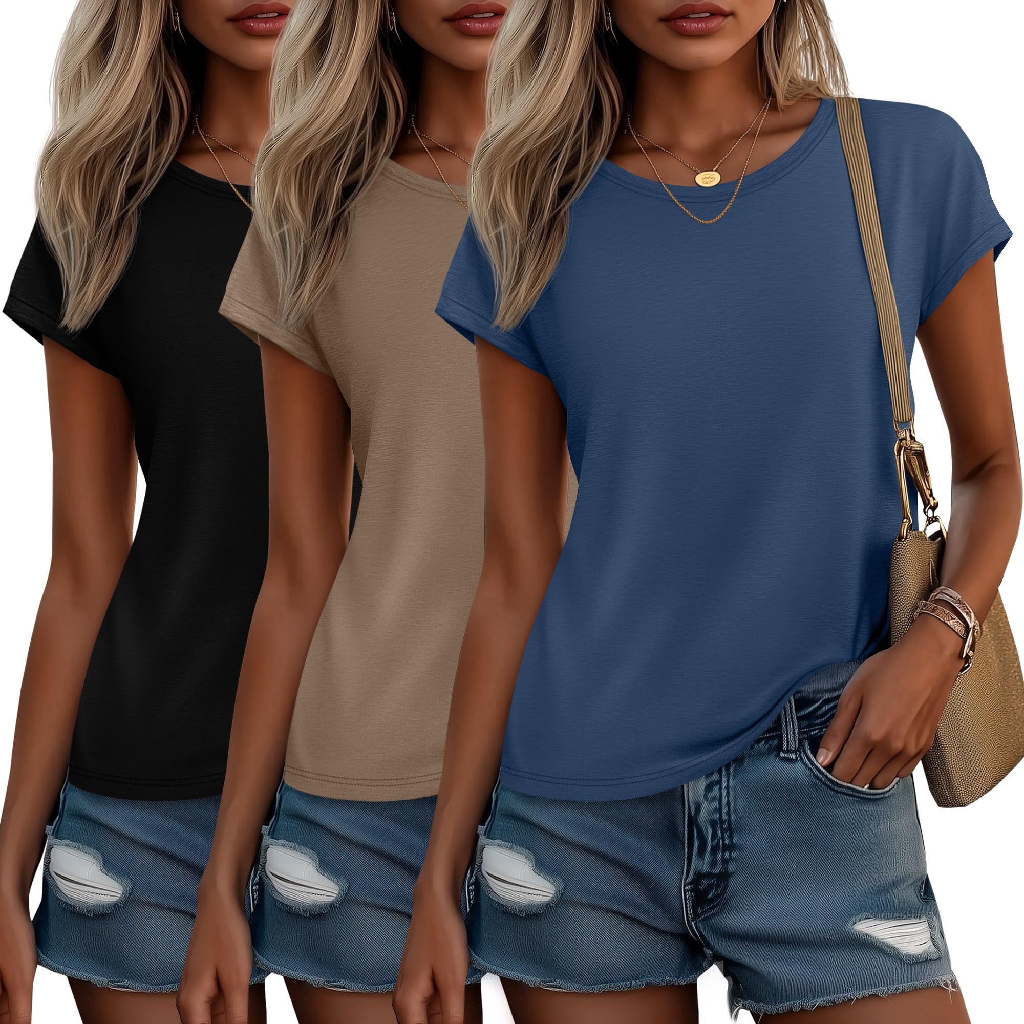 Photo 1 of Huukeay 3 Pack Women's Cap Sleeve Tops Basic Cotton Tee Shirts Summer Casual Crew Neck Trendy Clothes 2025 Fashion(Haze Blue, Khaki, Black,XX-Large)