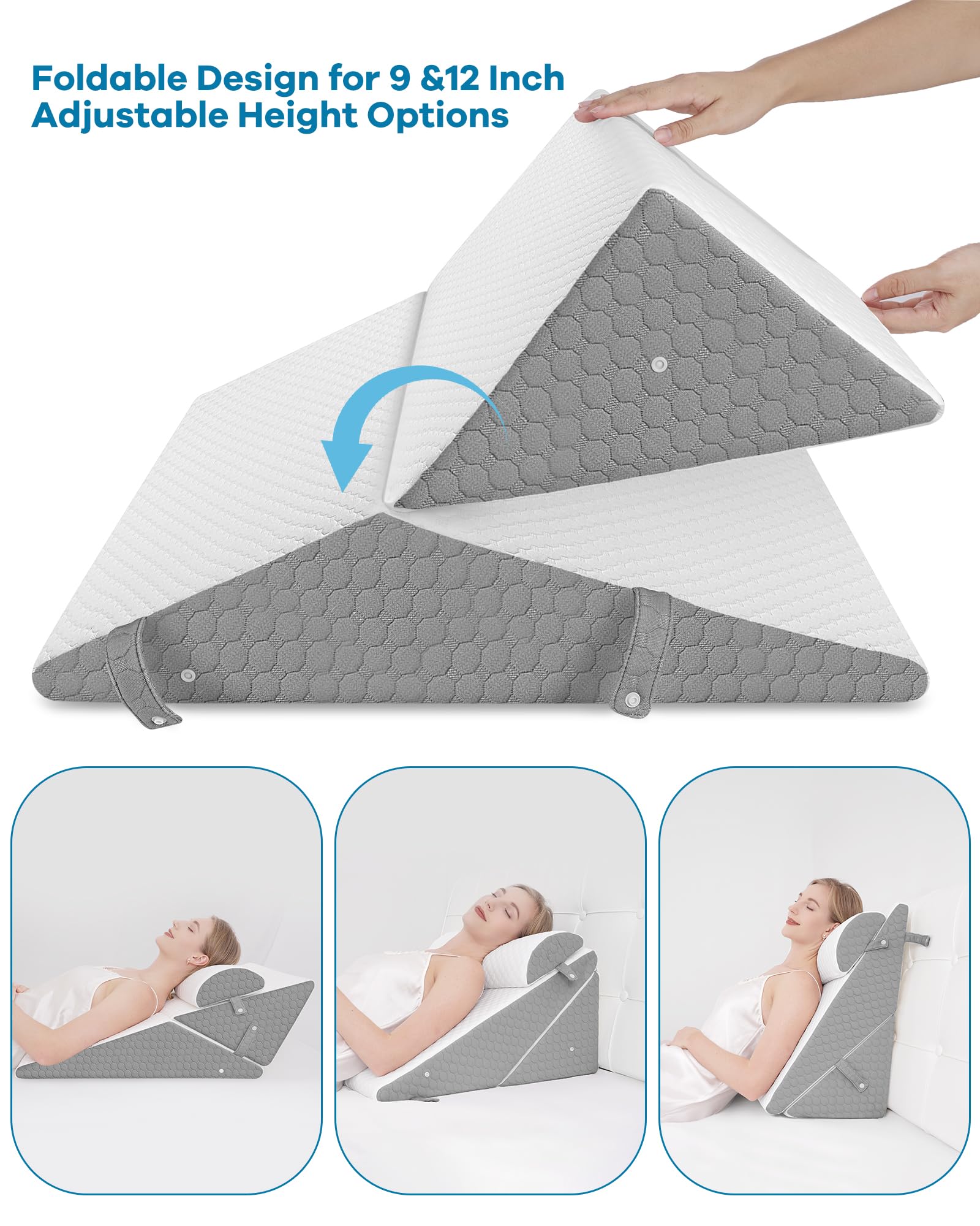 Forias Wedge Pillow Headboard for Acid Reflux Relief Adjustable Bed Wedge Pillow Post Surgery Pillow Wedge for Sleeping with Half-Moon Memory Foam Bolster Pillow for Back Legs Pain Snoring Sleep Apnea