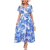 Kormei Women Wrap V Neck Boho Floral A Line Flowy Casual Short Sleeve Belted Wedding Guest Party Maxi Long Dress