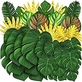QUOZUO Jungle Party Decorations, 50 Pieces 8 Kinds Palm Leaves Artificial Tropical Monstera, Jungle Leaf with Stem for Jungle Hawaiian Luau Party Table Decoration Wedding Birthday, Green and Gold