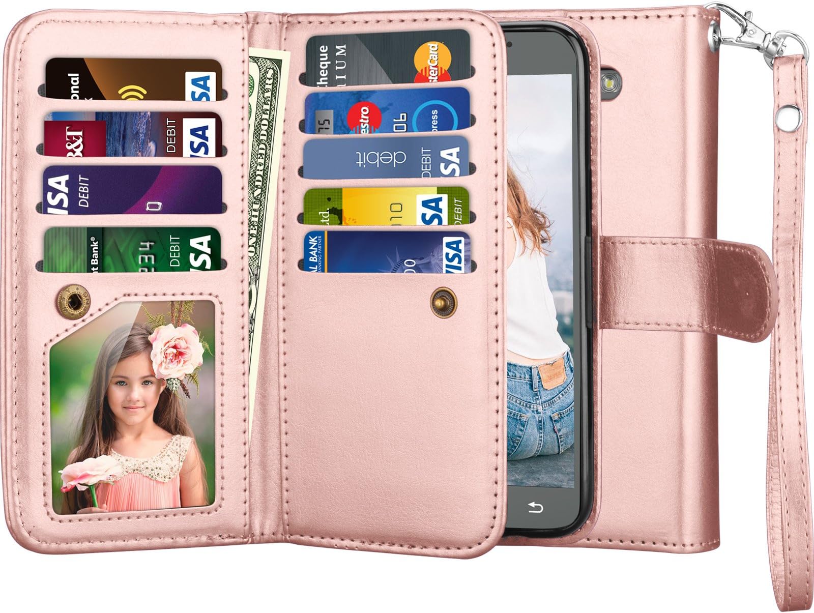 Njjex Galaxy J3 Emerge Wallet Case, for Amp Prim 2/J3 Luna Pro/Express Prim 2 Case, PU Leather [9 Card Slot] Flip Cover Detachable Kickstand Phone Case & Wrist Lanyard for Samsung J3 2017 [Rosegold]
