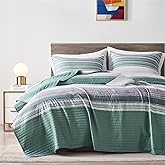 KAKIJUMN King/Cal King Quilt Bedding Set, White Grey and Green Patchwork Striped Quilt Set, 2 Pieces Soft Lightweight Bedspread Coverlet Set with 1 Pillow Sham(Green)