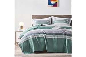 KAKIJUMN Full/Queen Quilt Bedding Set, White Grey and Green Patchwork Striped Quilt Set, 2 Pieces Soft Lightweight Bedspread Coverlet Set with 1 Pillow Sham(Green,Queen)