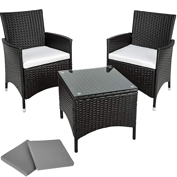 TecTake Aluminium Poly Rattan Gartenmöbel Gartengarnitur Gartenset Sitzgruppe schwarz mit Sitzkissen und 2 Bezüge, Edelstahls