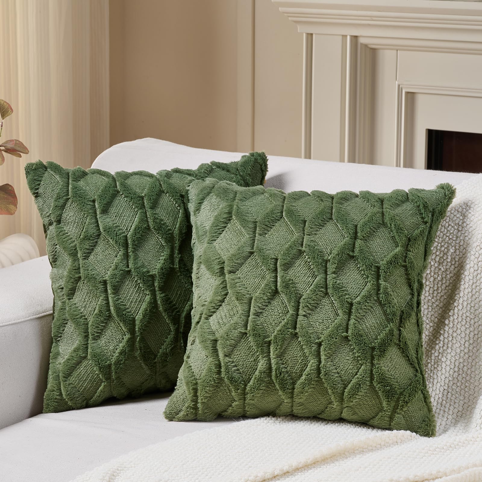 View 1 of ***MISSING ONE**
Volcanics Pack of 2 Faux Wool Throw Pillow Covers 20x20 Inches Decorative Farmhouse Velvet Couch Pillow Case Soft Plush Square Boho Cushion Pillowcase, Olive Green