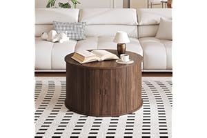 Garvee 28" Round Coffee Table with Storage, Mid Century Modern Fluted Accent Table with Sliding Tambour Door for Living Room 
