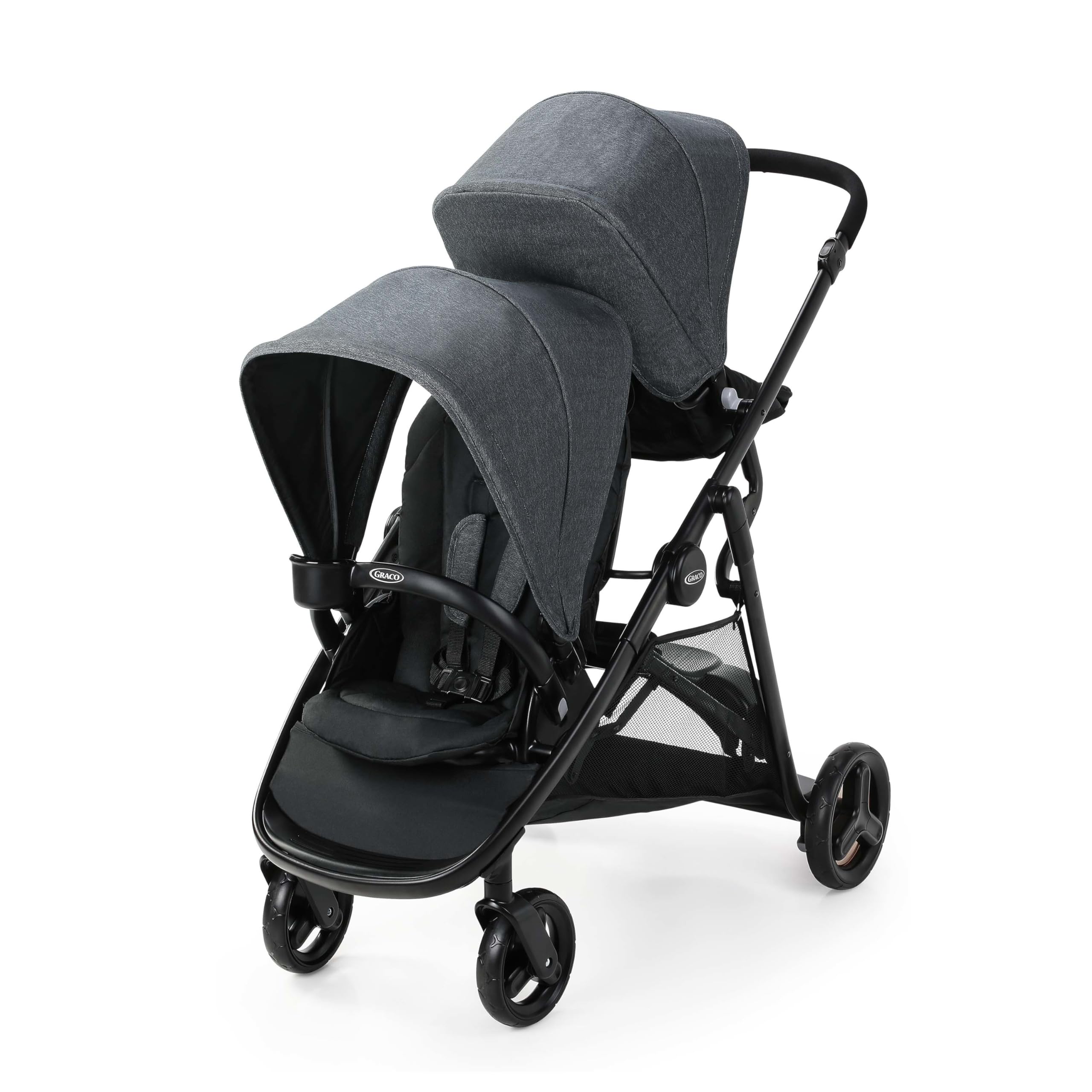 Cochecito doble Graco Ready2Grow 2.0, cochecito de bebé gemelo con opciones de asiento tipo banco y plataforma de pie, plegado compacto perfecto para viajes de bebé, Rafa