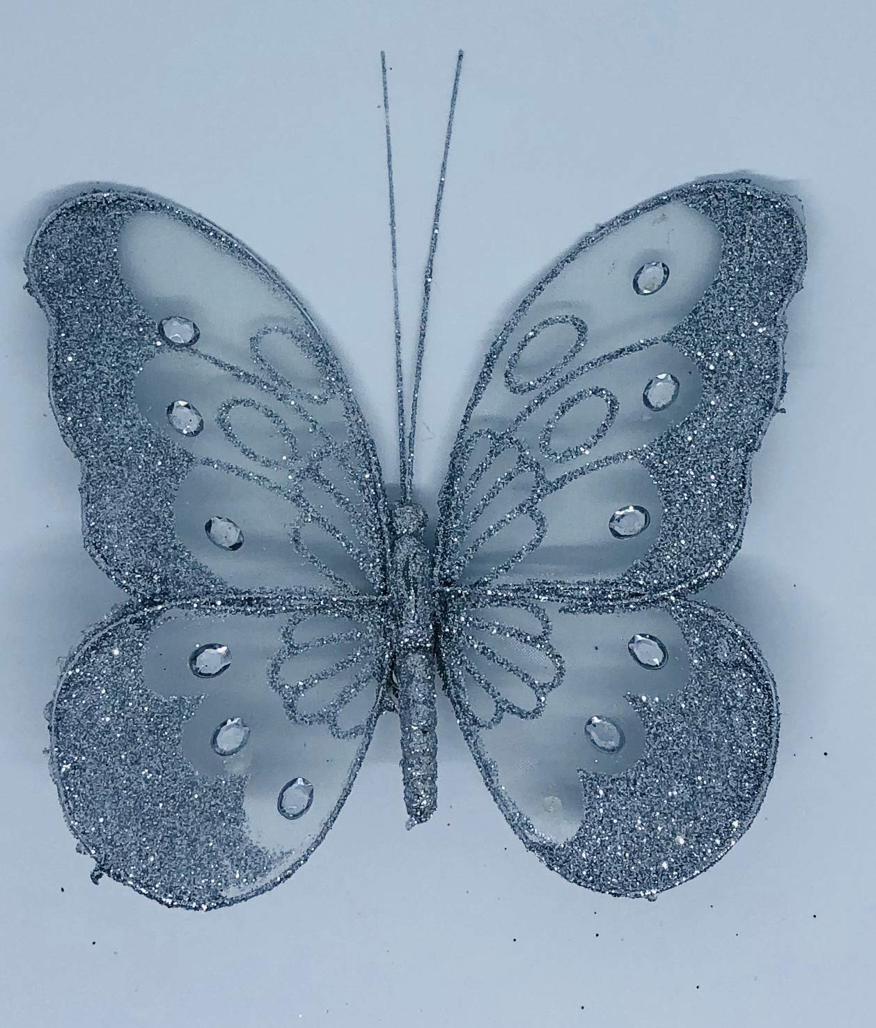 Large 18cm Silver Clip On Diamante Glitter Mesh Jewelled Butterfly