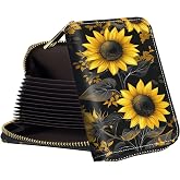 Qindaiwen Slim Zipper Card Wallet for Women — RFID Blocking Mini Wallet, PU Leather Small Credit Card Holder & Coin Pocket, Travel-Friendly Card Organizer, Sunflowers