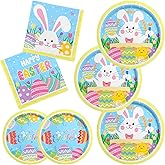 Happy Easter Party Supplies Kit, Easter Rabbit Disposable Dinnerware Includes, Paper Dinner Plates, Dessert Plates and Napkins for Easter party Decorations, Serve 20