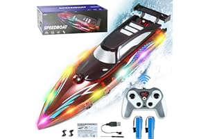 NLIEOPDA RC Boat with LED Light for Adults Kids 4-7 8-12, Remote Control Boat for Pools and Lakes, 2.4 GHZ Waterproof Fast RC Boat, Toy Boat with 2 Rechargeable Battery, Birthday Gifts for Boys Girls