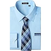 HISDERN 503 Mens Dress Shirt and Tie Handkerchief Set Classic Long Sleeve Shirts Matching Ties Formal Button Down Shirts