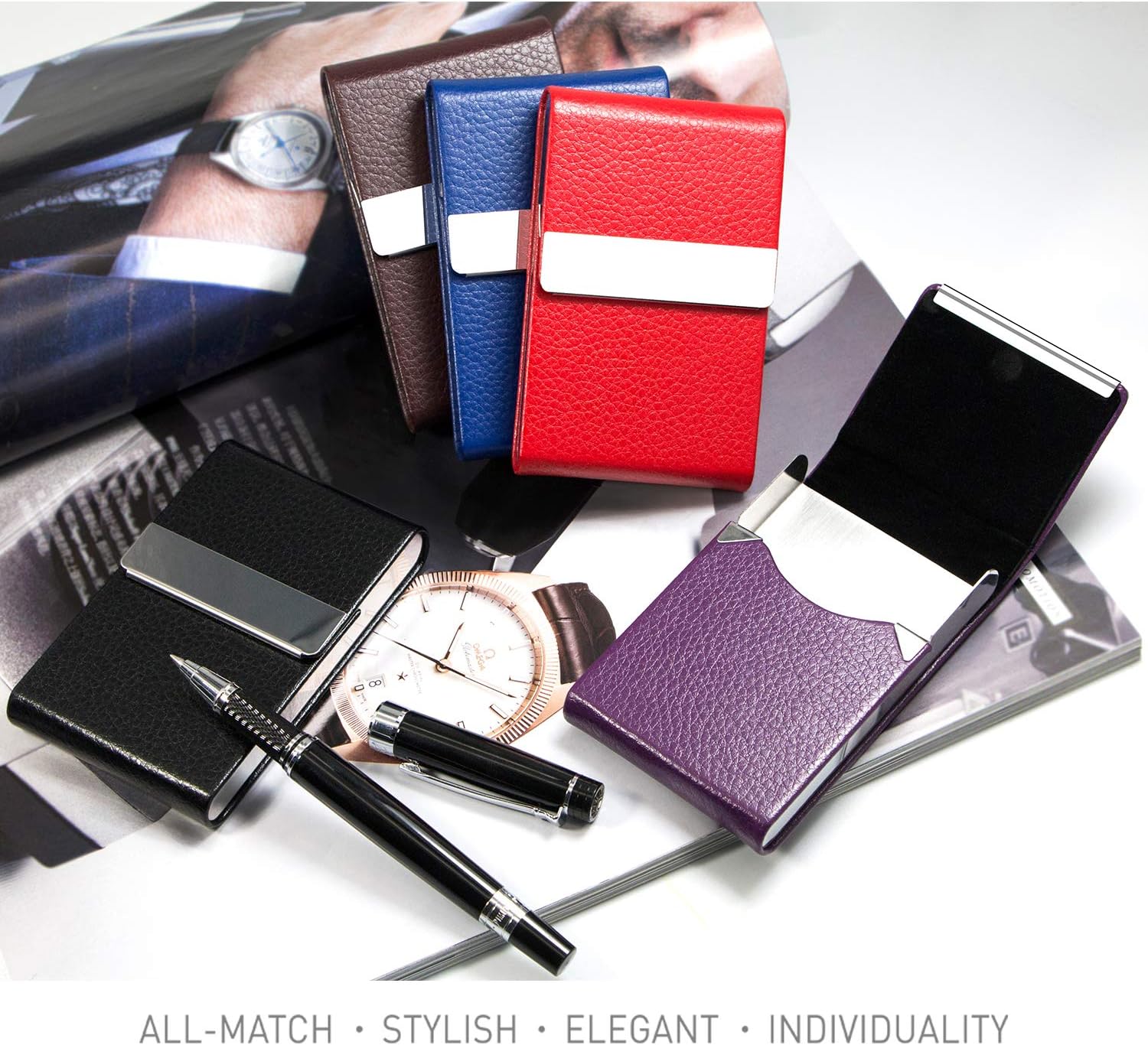 Padike PU Leather Business Card Holder for Women Slim Pocket Business Name Card Holder Stainless Steel Business Card Case with Magnetic Shut (Purple) : Office Products