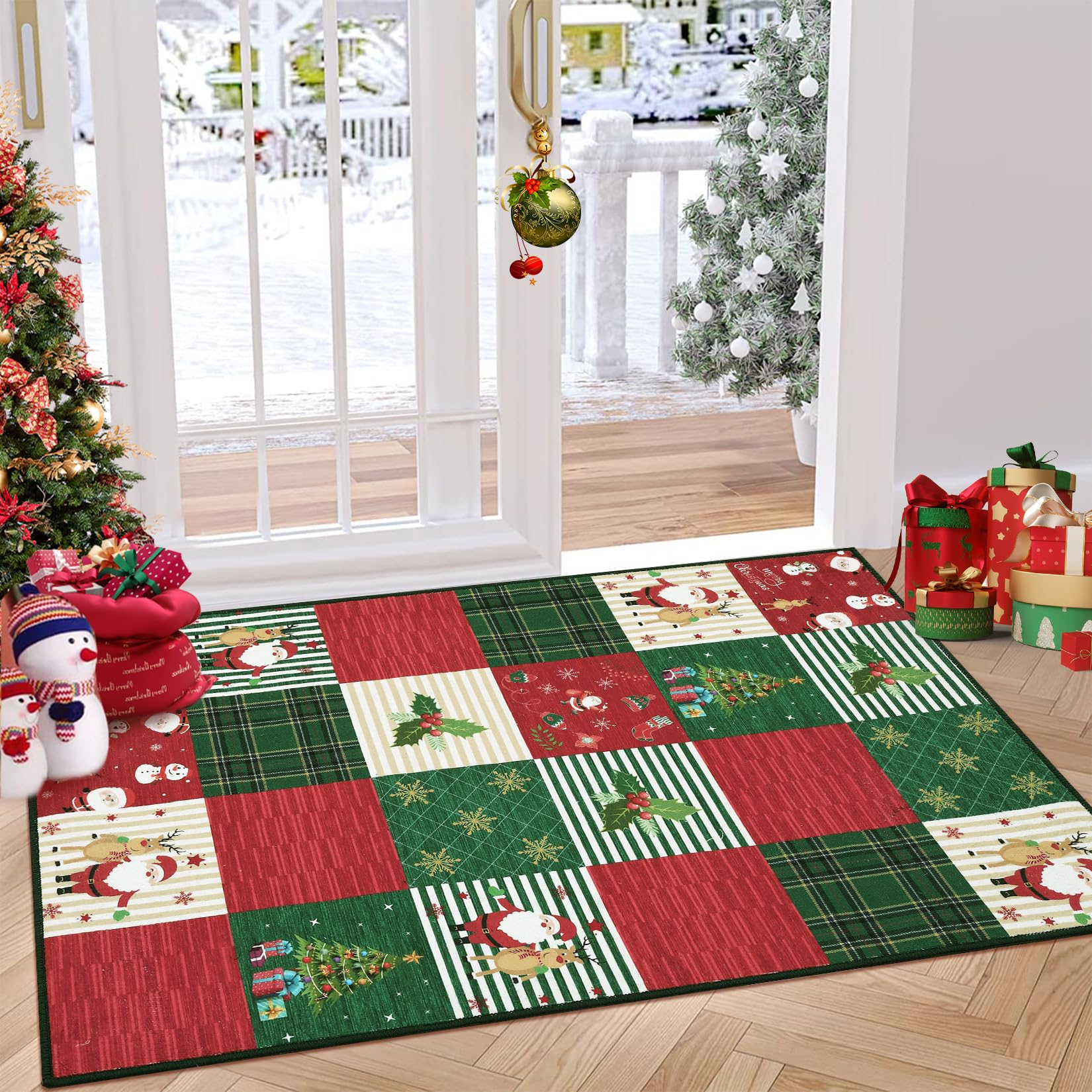 CAROMIO Machine Washable Area Rug for Bedroom Indoor Throw Rug Christmas Tree Snowflake Decorative Living Room Rug, Red/Green 120 x 170 cm