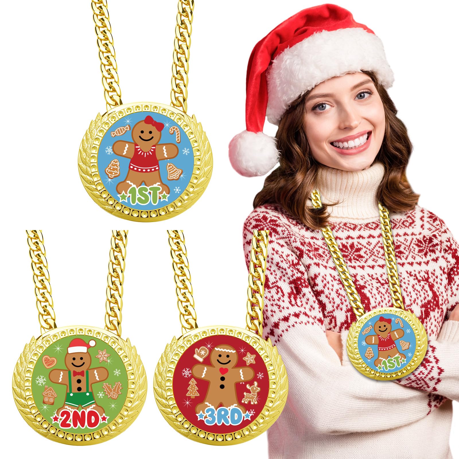 Photo 1 of Tondiamo 3 Pieces Christmas Medals Champ Chain Trophy 6 x 5.25 Inches Xmas Jumbo Award 1st 2nd 3rd Prize for Women Men Family Xmas Holiday Party Decoration Prize Gift(Cookies Contest)