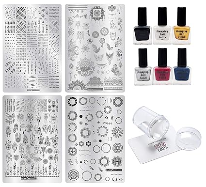 ZJOY Nail Stamping Kit With 4 Jumbo Image Plates (9.5 * 14 Cm), Clear Jelly Stamper with Large 3.8 Cm Stamp Head, Plastic Card Scraper & 6 bottles Special Stamping Nail Polish. Free 3D Nail Art Set