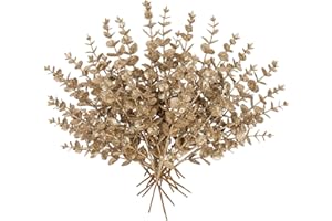 Hollyone 20 Pcs Glitter Artificial Eucalyptus Branches 13" Christmas Eucalyptus Pine Stems Picks Champagne Fake Eucalyptus Picks Stems for DIY Christmas Tree Garland Wreath Crafts Home Decoration