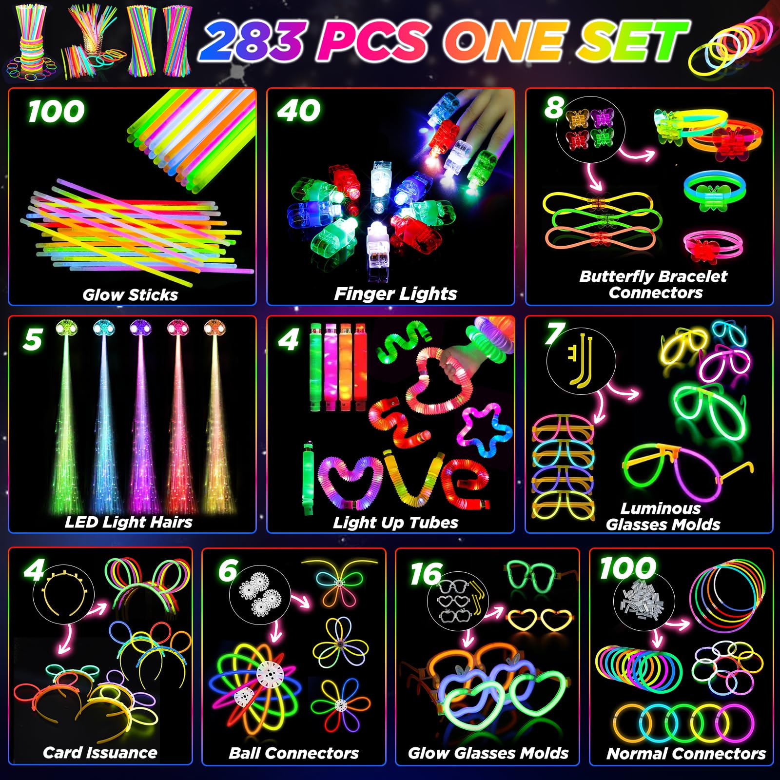 Glow in the Dark Party Favors for Adults Kids, 27 Carnival Accessories, 56 LED Light Up Toys Bulk, 100 Glow Sticks Party Pack, Neon Party Supplies & Decorations