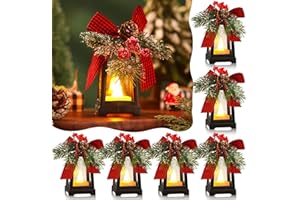 BAQULER Set of 6 Christmas Mini Decorative Lanterns with Flickering LED Flameless Candle Hanging Lantern Decoration Bulk with Buffalo Plaid Bow Battery Included for Xmas Party (Red Plaid Bow)