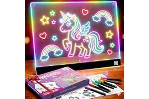 LED Drawing Board for Girls, Kids, 9.8"x7.9" 7 Colors DIY Doodle Glow Note Board with 7 Markers, 10 Tracing Sheets - Unicorn 