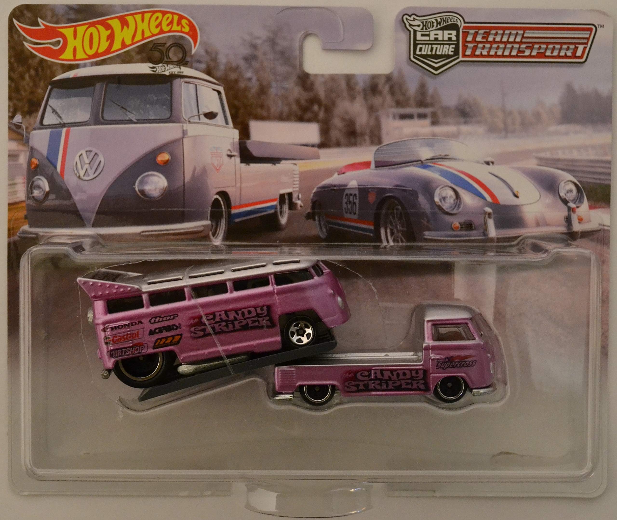 VW Drag Bus & VW Transporter T1 Pickup Purple Custom-Made Hot Wheels with Real Rider Rubber Wheels Team Transport Series 1:64 Scale Collectible Die Cast Model Car