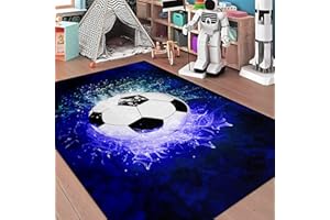 kodhyvj Cool Blue Flame Football Rug for Boys Bedroom Decor Soccer Ball Rug Playroom Rug Kids Sport Rugs for Living Room, 2'5"x4'