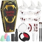 3 Pairs Fake Fangs Vampire Teeth Halloween Makeup Cosplay Kit | with Solid Adhesive, Black Lipstick+3-color Face Paint Plate+Scar Stickers, Vampire Clown Costume Party Gift Accessories