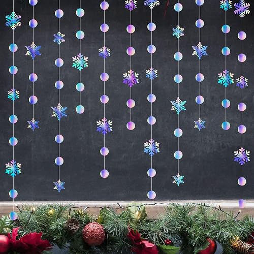DERAYEE 7.2M/23.6Ft Christmas Hanging Decoration, Winter Wonderland Party Decoration Iridescent Snowflake Garland for Xmas New Year Birthday Wedding Decor