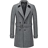 SOMTHRON Men's Trench Coat Wool Blend Slim Fit Notch Lapel Double Breasted Belted Jacket Business Pea Coat Overcoat