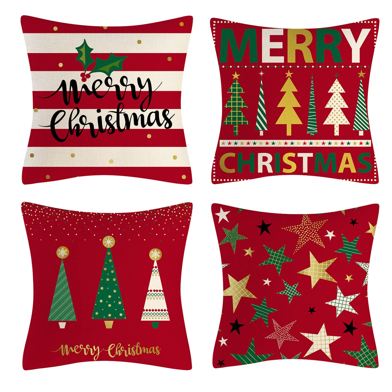 OCEUMACO Linen Cushion Covers 45 x 45 cm Sofa Living Room Decorations Set of 4 Christmas Tree Striped Throw Pillow Cases 18x18 Decorative Xmas Gold Star Pillowcases Cushions Cover - Red Green