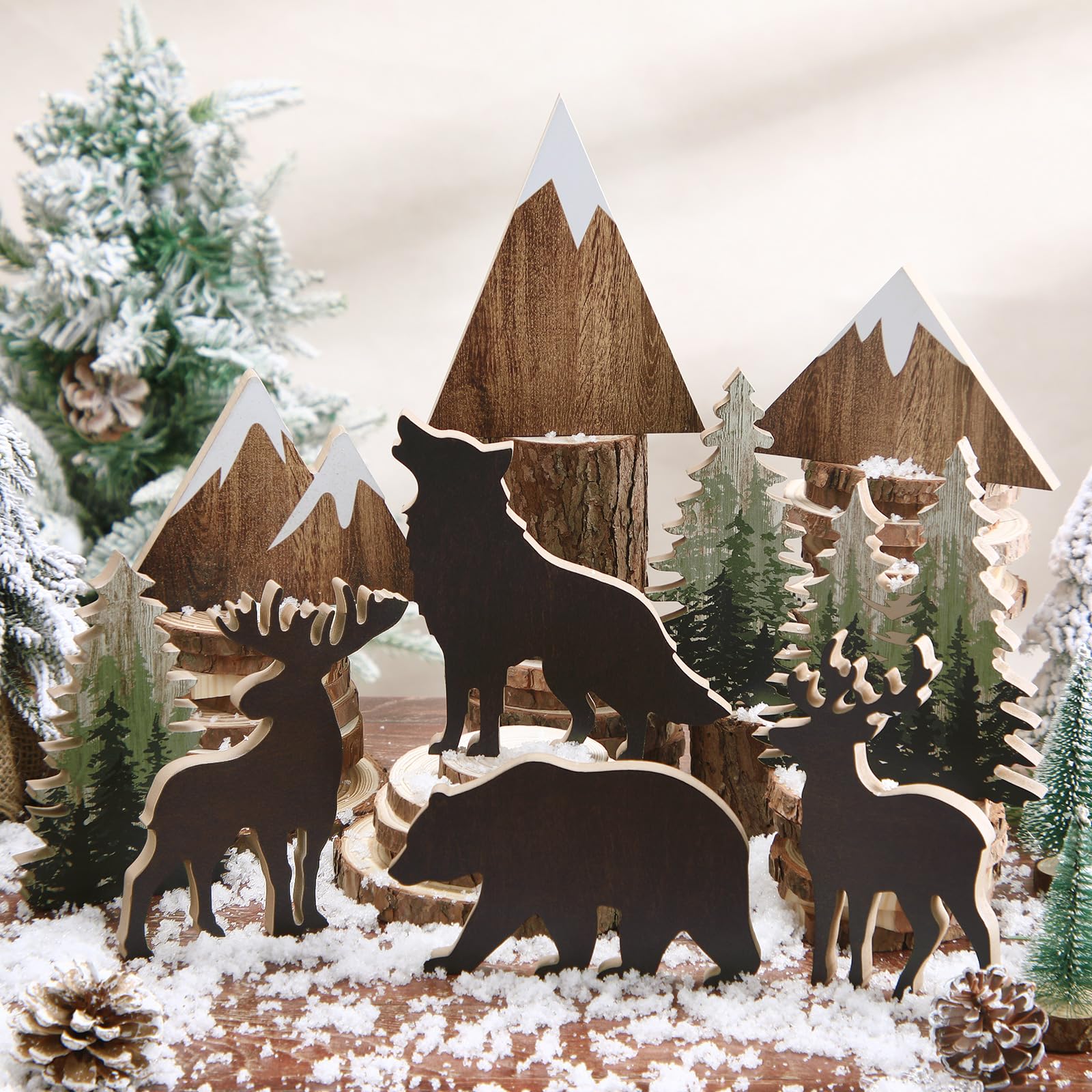 Photo 1 of DoubleFill 10 Pcs Cabin Shelf Decor Wooden Forest Animals Bear Mountain Pine Tree Sign Rustic Woodland Decor for Cabin Farmhouse Table Centerpiece Home Office Decoration