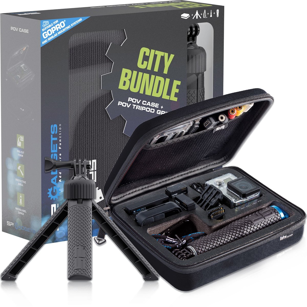 SP Gadgets City + CONVERTIBLE Handle Tripod Bundle for GoPro Camera Case Size S Black