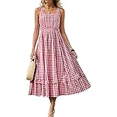 Caracilia Womens Summer Casual Gingham Plaid Midi Dress Sleeveless Square Neck Flowy Beach Vacation Sundress with Pockets