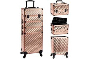 Adazzo 4 in 1 Rolling Makeup Case Cosmetic Train Case Trolley Roll Travel Box for Makeup Artist, Hairstylists, Nail Tech Makeup Cart with Key Swivel Wheels Barber Case Traveling Trunk Rose Gold