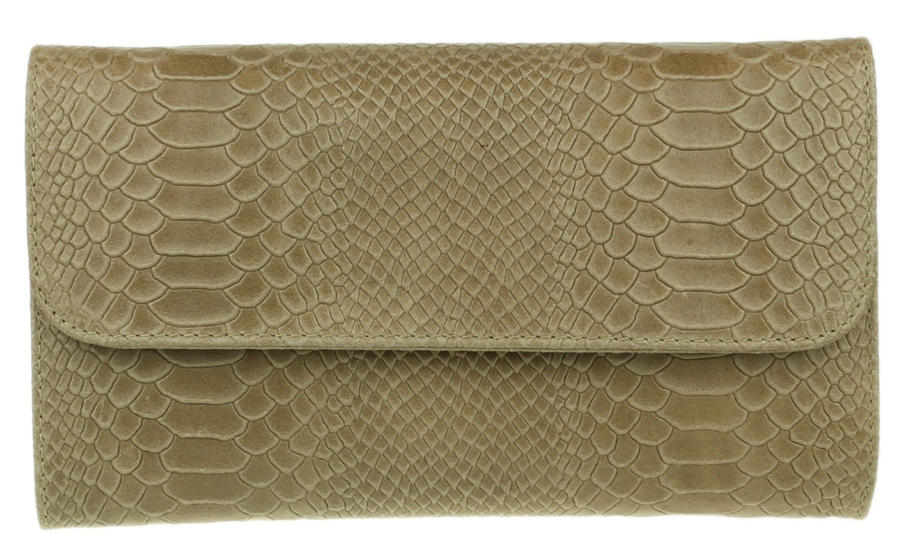 Girly Handbags Womens Snake Print Suede Clutch Bag Italian Leather (Khaki)