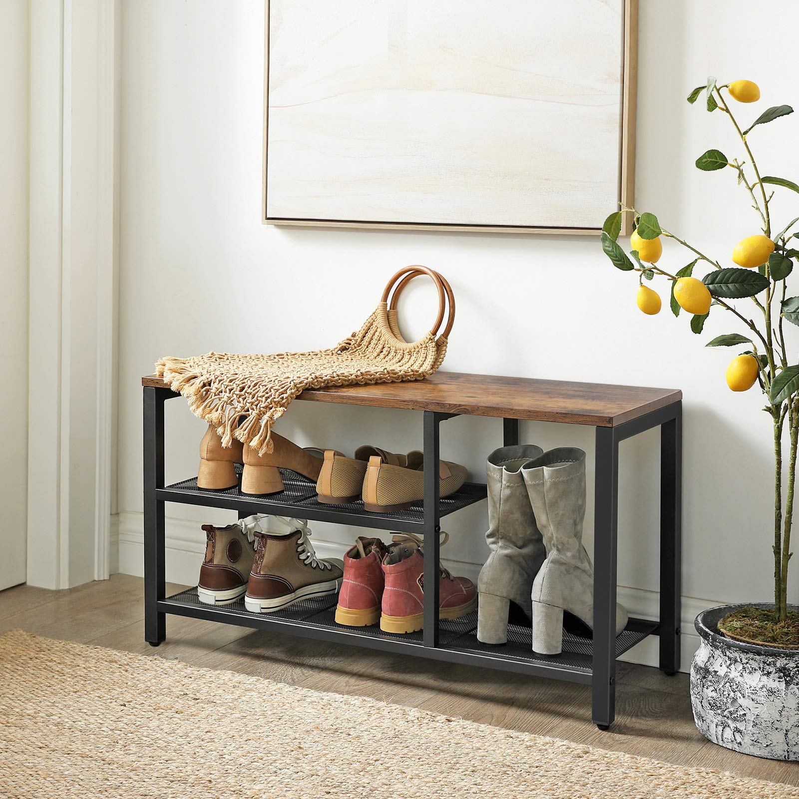 VASAGLE Shoe Bench, Shoe Rack with Seat, Dense Mesh Shelves and Tall Compartment for Boots, Hallway, Stable Steel Frame, Industrial Design, Rustic Brown and Black ULBS77BX