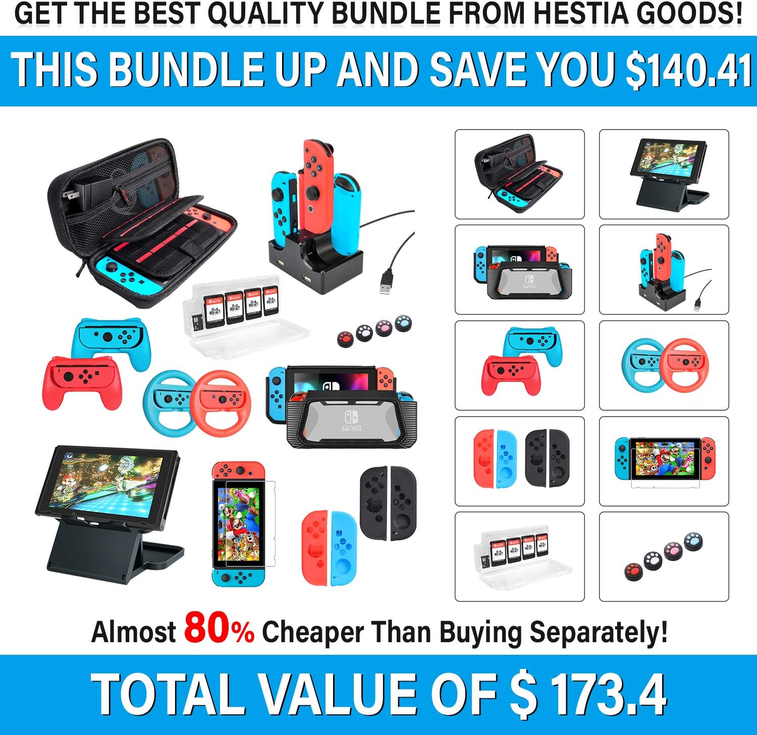Switch Accessories Bundle for Nintendo Switch, Kit with Carrying Case, Screen Protector, Compact Playstand, Switch Game Case, Joystick Cap, Charging Dock,Steering Wheel for Nintendo Switch, (18 in 1): Computers & Accessories