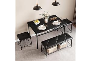 IDEALHOUSE Dining Table Set for 4, Kitchen Table with Upholstered Bench and 2 Chairs, Kitchen Table and Chairs Set with Storage Shelf,Small Space Saving Design, Easy Assembly, Black