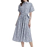 Womens Summer Floral Maxi Dress Short Sleeve V Neck Button Belt Casual Long Flowy Shirt Dress