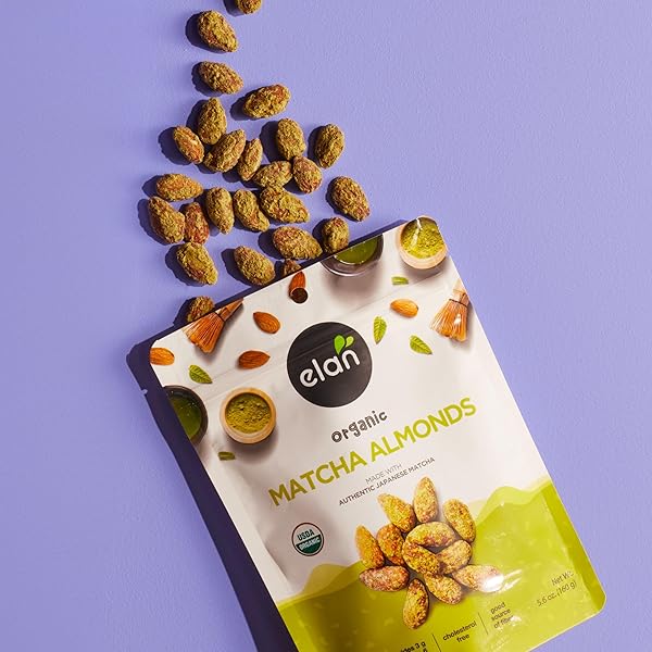 ELAN ORGANIC MATCHA ALMONDS, 5.6 OZ, NON-GMO, GLUTEN-FREE, VEGAN, KOSHER, SUPERFOOD INFUSED NUTS (ROASTED ALMONDS, COCONUT, MATCHA GREEN TEA POWDER), SOURCE OF ANTIOXIDANTS (VITAMIN A)
