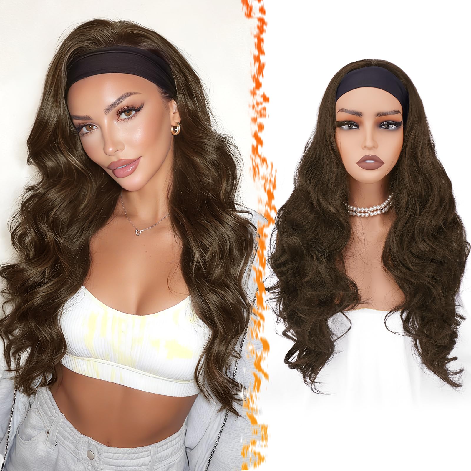Photo 1 of **DIRT**BARSDAR Long Body Wave Headband Wig - 26 Inch Synthetic Light Brown Loose Body Wavy Headband Wig for Women - Wear and Go Glueless Wigs Soft Natural Looking Easy Wear Head Band Wigs