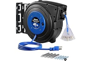 WILAWELS Retractable Extension Cord Reel, 45 FT Heavy Duty Power Cord, 12AWG/3C SJTOW, 3 Grounded Outlets Lighted Triple Tap, 15 Amp Circuit Breaker, UL Listed, Blue U45CR06