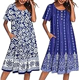 Ekouaer 2 Pack House Dresses for Women with Pockets Short Sleeve Moomoo Nightgown Plus Size Mumu Dress Floral Lounge Dress