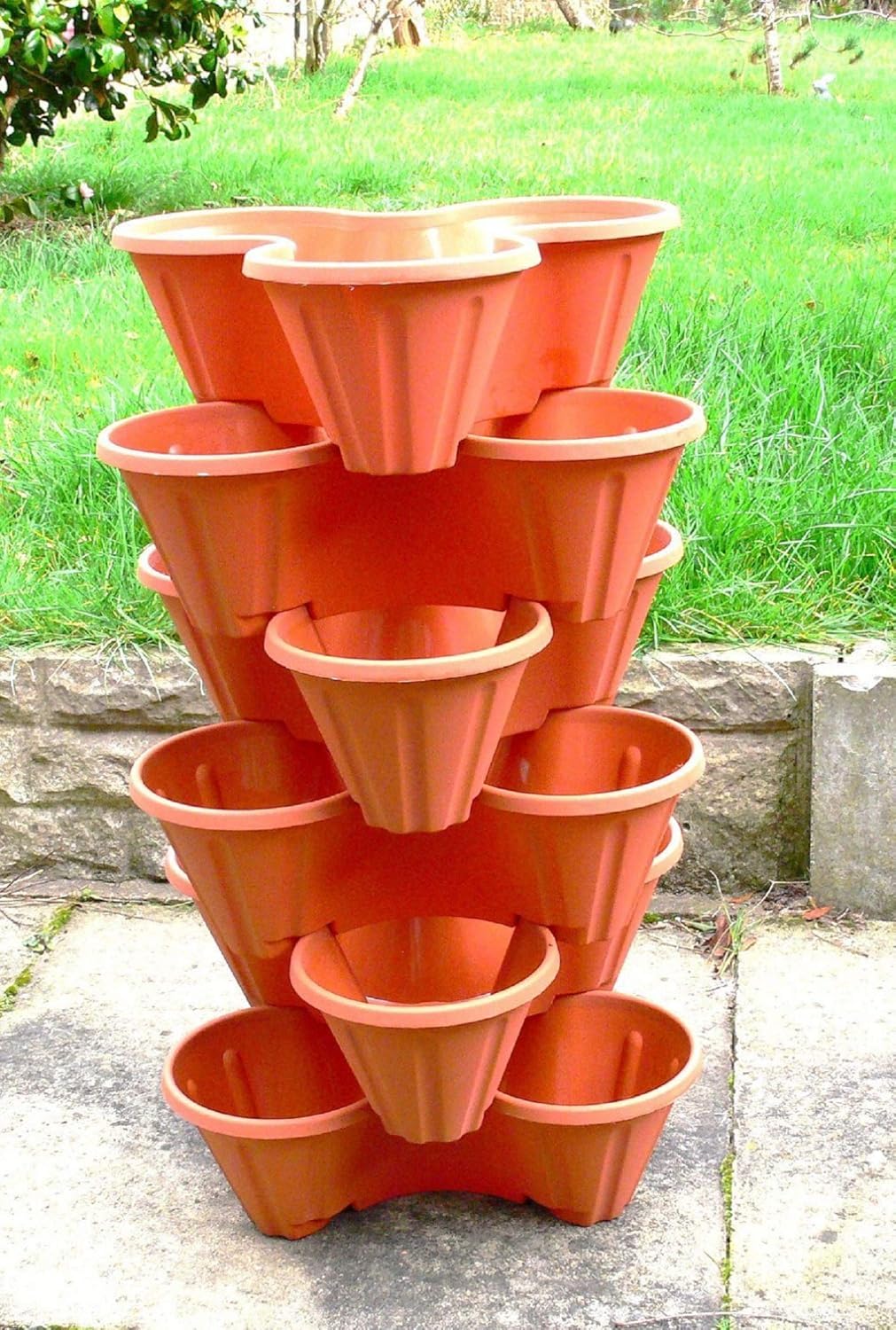 MD MUZ 6 x Terracotta Brown Trio Stacking Planter Strawberry Flower