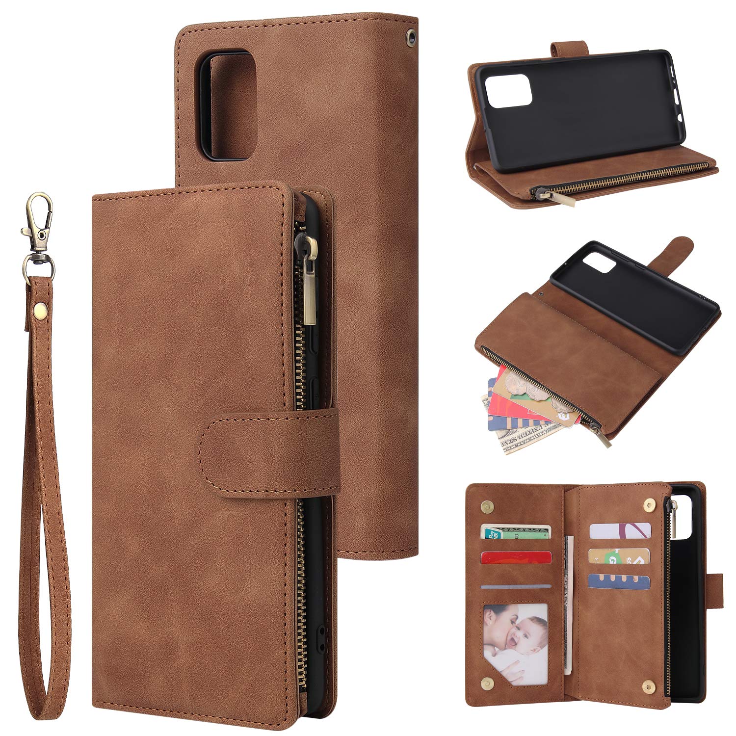 QLTYPRI Case for Samsung Galaxy A71, Large Capacity Leather Wallet Case 6 Card Holder & 1 Zipper Pocket Kickstand Wrist Strap Magnetic Protective Cover for Samsung Galaxy A71 - Brown